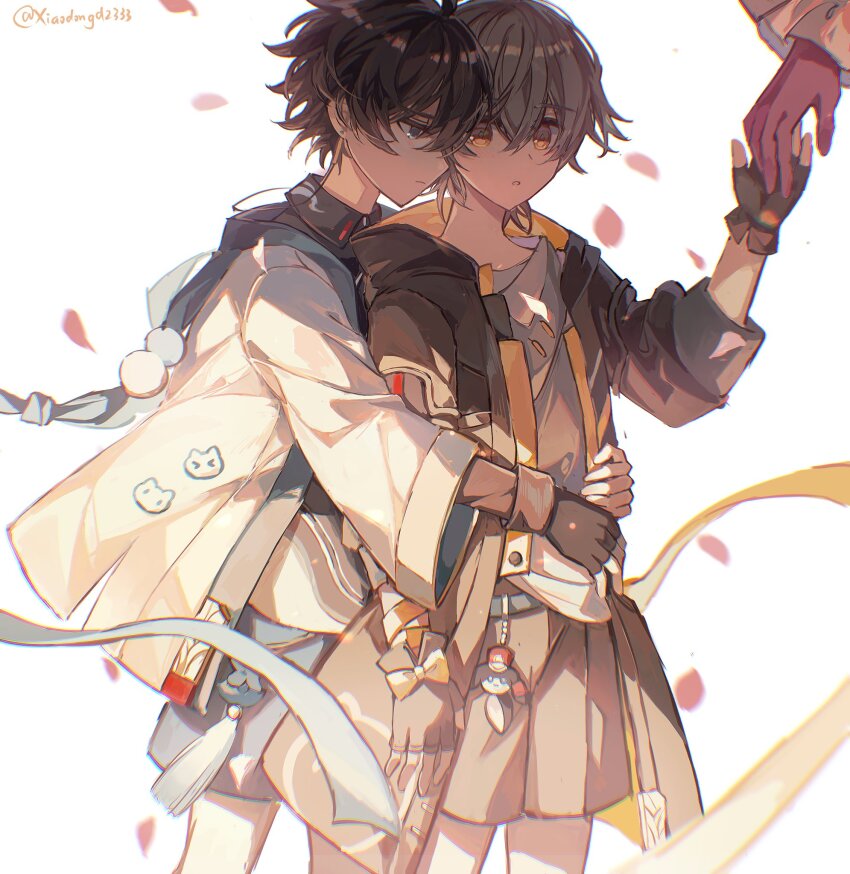 1girl 2boys aged_down animal_print artist_name belt black_coat black_gloves black_hair black_shirt black_shorts blue_belt blue_eyes bow caelus_(honkai:_star_rail) cat_print charm_(object) child chinese_clothes closed_mouth coat collared_shirt cowboy_shot dan_heng_(honkai:_star_rail) dan_heng_(hunt)_(honkai:_star_rail) fingerless_gloves fuyu_(xiaodongd2333) gloves grey_hair grey_shorts hair_between_eyes half-closed_eyes hand_up highres holding_hands honkai:_star_rail honkai_(series) hood hooded_coat hug hug_from_behind kafka_(honkai:_star_rail) lapels long_sleeves looking_at_another male_focus multiple_boys open_clothes open_coat petals pom-pom_(honkai:_star_rail) purple_gloves shirt short_hair shorts standing t-shirt tassel teeth trailblazer_(honkai:_star_rail) two-sided_coat two-sided_fabric white_coat white_shirt yaoi yellow_bow yellow_coat yellow_eyes