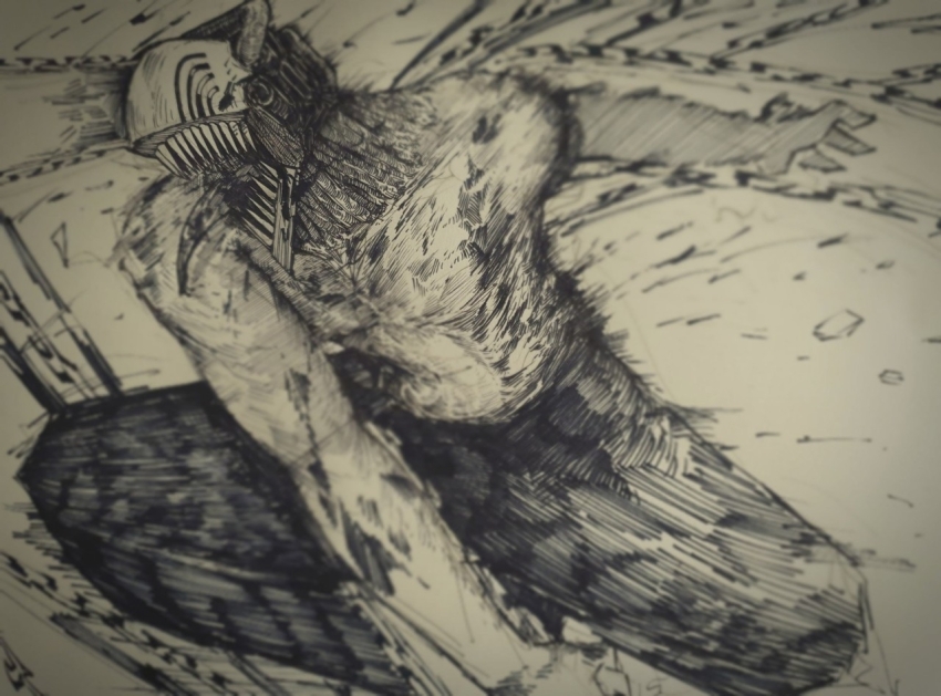 1boy blood blood_on_body chainsaw chainsaw_man denji_(chainsaw_man) epeulu_(ate5424) facing_to_the_side hatching_(texture) linear_hatching male_focus monochrome open_mouth sharp_teeth simple_background solo teeth tongue tongue_out topless_male