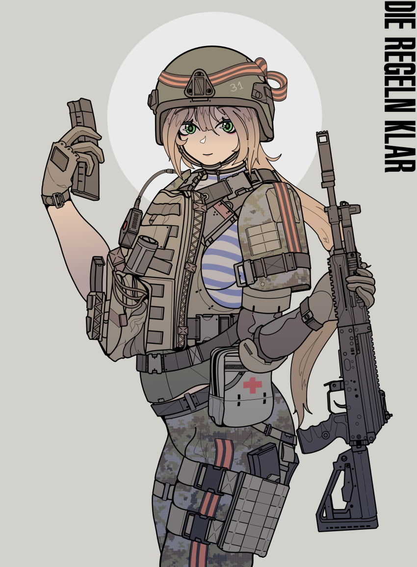 1girl absurdres ak-12 ammunition_pouch armor assault_rifle belt belt_pouch black_belt blue_shirt body_armor brown_gloves buckle bulletproof_vest cable camouflage camouflage_pants circle closed_mouth combat_helmet combat_medic commentary cowboy_shot cross digital_camouflage english_commentary folding_stock from_side german_text gloves green_eyes green_headwear green_helmet grey_background grey_pants gun hair_between_eyes headwear_writing helmet highres holding holding_gun holding_magazine_(weapon) holding_weapon kalashnikov_rifle light_brown_hair light_smile long_hair looking_at_viewer magazine_(weapon) mechanical_arms military_combat_uniform military_operator military_uniform orange_ribbon original pants pouch radio ranguage red_cross ribbon ribbon_of_saint_george rifle shirt shoulder_armor simple_background single_mechanical_arm sleeveless sleeveless_shirt snap-fit_buckle solo striped_clothes striped_ribbon striped_shirt suihei_(foltheck) tactical_clothes telnyashka thigh_pouch translated two-tone_ribbon two-tone_shirt undershirt urban_camouflage utility_belt weapon white_shirt