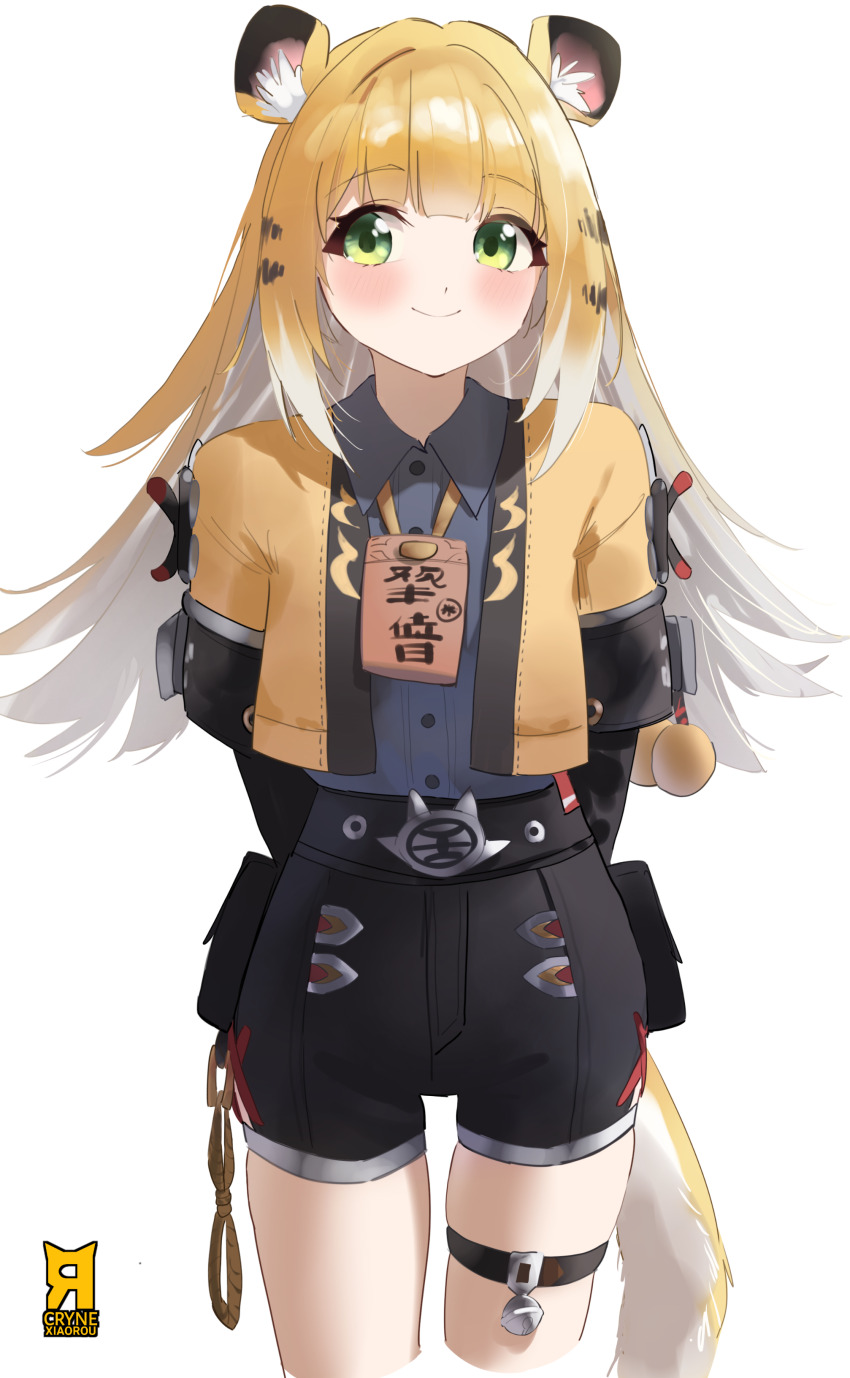 1girl absurdres animal_ears artist_name belt black_shorts blonde_hair blush cryne green_eyes highres hip_vent jacket ju_fufu long_hair looking_to_the_side shorts simple_background smile solo striped_hair tail thigh_belt thigh_strap tiger_ears tiger_girl tiger_tail white_background yellow_jacket zenless_zone_zero