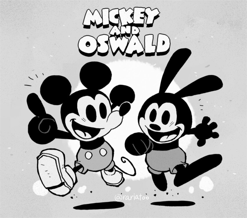 1930s_(style) 2boys clenched_hand commentary disney english_commentary english_text greyscale highres mickey_mouse mickey_mouse_&amp;_friends monochrome mouse_(animal) mouse_tail multiple_boys open_hand oswald_the_lucky_rabbit pointing pointing_up rabbit rariatto_(ganguri) shoes shorts tail toon_(style) twitter_username