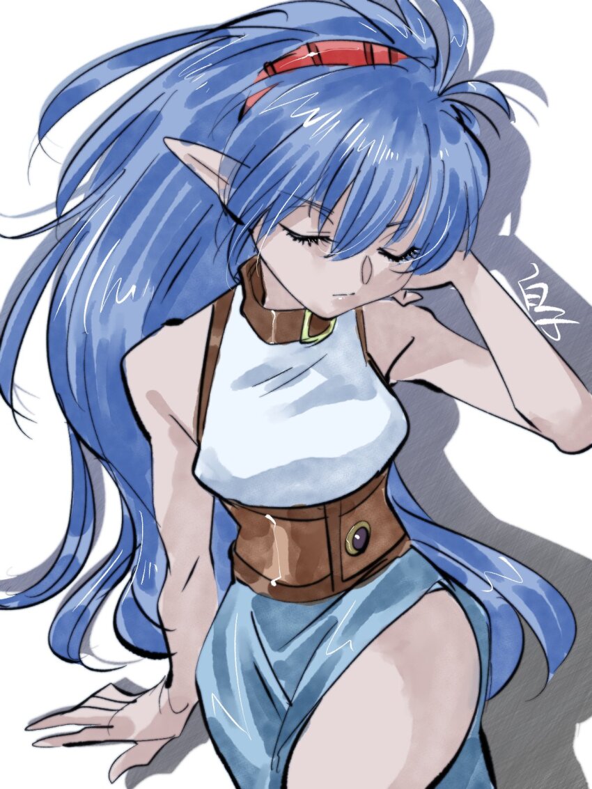 1girl bare_shoulders blue_hair blue_skirt breasts brown_corset celsius_(tales) closed_eyes colored_skin corset dress grey_skin hair_between_eyes hair_flip hairband highres long_hair long_skirt medium_breasts pointy_ears red_hairband shirako_(kirupi) side_slit sitting skirt sleeveless solo tales_of_(series) tales_of_eternia white_background