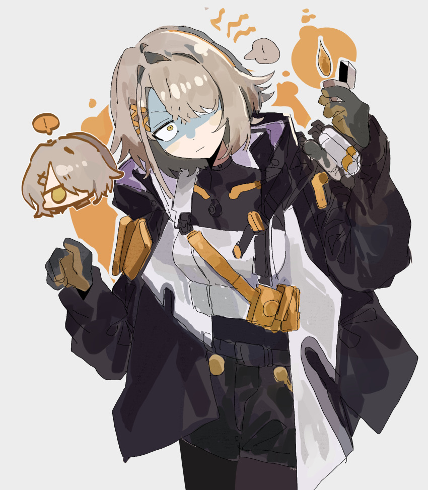 ! 1girl commentary_request fire girls&#039;_frontline girls&#039;_frontline_2:_exilium grey_hair hair_intakes highres holding holding_lighter korean_commentary lighter medium_hair odmised small_pupils solo vector_(girls&#039;_frontline) vector_(girls&#039;_frontline_2) white_background yellow_eyes