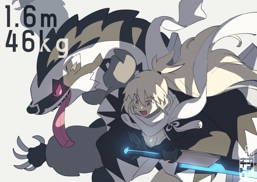 1girl black_gloves black_jacket black_kimono blonde_hair breasts claw_pose claws cleavage color_coordination colored_sclera fate/grand_order fate_(series) gen_8_pokemon gloves height_connection holding holding_sword holding_weapon jacket japanese_clothes kimono long_hair nintendo obstagoon okita_j._souji_(fate) okita_j._souji_(second_ascension)_(fate) okita_souji_(fate) open_mouth pink_sclera pokemon pokemon_(creature) ponytail scarf sword teria_(teriarian) tongue tongue_out weapon weight_connection white_scarf yellow_eyes