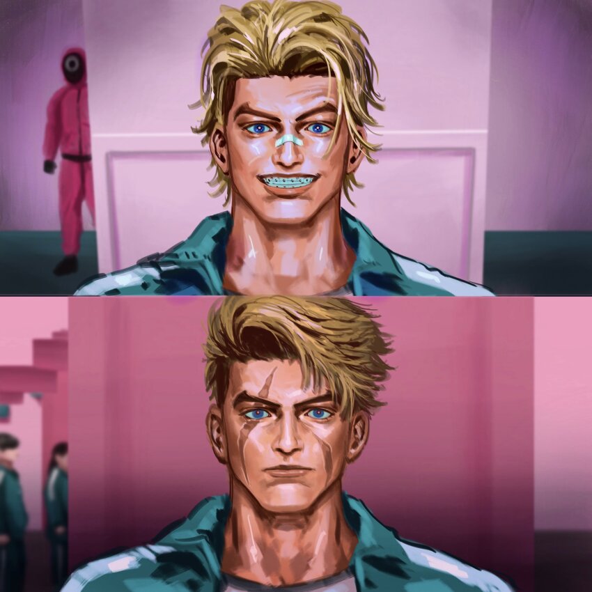 1boy aaazik_bamf bandage_on_nose bandages blonde_hair blue_eyes braces closed_mouth collared_jacket commentary facial_scar forked_eyebrows green_jacket grin highres jacket looking_at_viewer luke_sullivan male_focus meme multiple_scars scar scar_across_eye scar_on_cheek scar_on_face serious smile squid_game straight-on street_fighter street_fighter_6 street_fighter_v symbol-only_commentary teeth upper_body wing_collar worker_(squid_game) year_1_&amp;_year_2_(squid_game)_(meme)