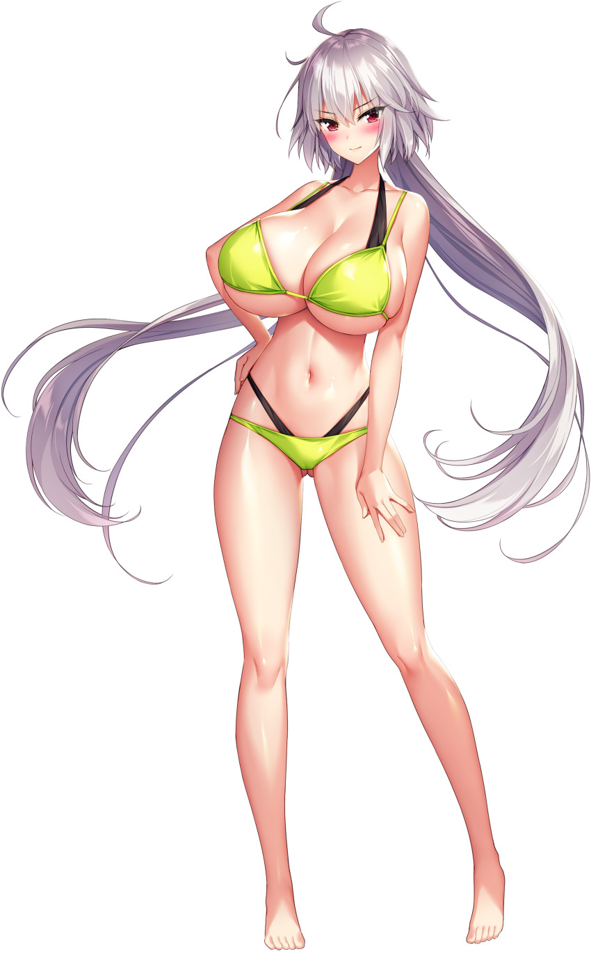 1girl absurdres ahoge barefoot bikini blush breasts cleavage closed_mouth derauea full_body game_cg gluteal_fold green_bikini grey_hair hand_on_own_hip hand_on_own_thigh highres huge_breasts layered_bikini liescha long_hair look-alike looking_at_viewer low_twintails milk_factory motto!_haramase!_honoo_no_oppai_chou_ero_appli_gakuen! navel non-web_source official_art red_eyes sprite swimsuit tachi-e transparent_background twintails very_long_hair