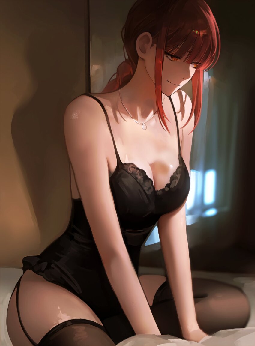 1girl bed_sheet black_garter_straps black_thighhighs braid braided_ponytail breasts chainsaw_man cleavage closed_mouth garter_straps highres jewelry lingerie looking_down makima_(chainsaw_man) medium_breasts mymzi necklace red_hair sitting smile solo thighhighs underwear yellow_eyes