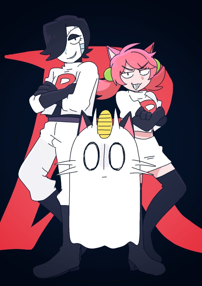 1girl 2boys androgynous android animal_ears belt black_footwear black_gloves boots cat_ears coin contrapposto cosplay crossed_arms elbow_gloves eyelashes gen_1_pokemon ghost gloves gold_coin hair_over_one_eye highres james_(pokemon) james_(pokemon)_(cosplay) jessie_(pokemon) jessie_(pokemon)_(cosplay) kami_utdr knee_boots mad_mew_mew meowth meowth_(cosplay) mettaton mettaton_ex midriff miniskirt multiple_boys napstablook nintendo pokemon pokemon_(anime) skirt team_rocket team_rocket_uniform twintails undertale whiskers