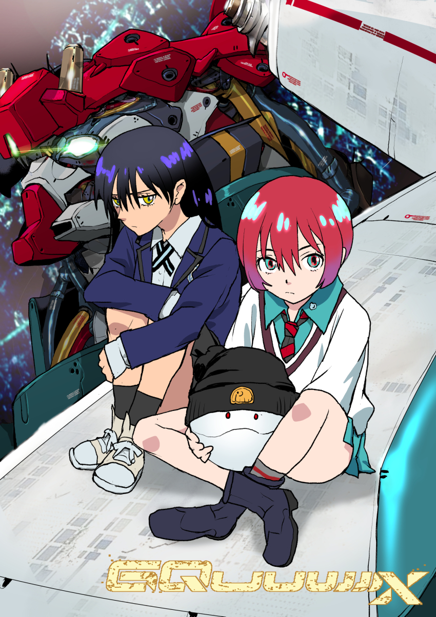 2girls amate_yuzuriha aqua_eyes beanie black_hair boots collared_shirt commentary_request expressionless gquuuuuux gundam gundam_gquuuuuux hat highres hugging_own_legs jacket long_hair looking_at_viewer mecha mobile_suit multiple_girls nyaan_(gundam_gquuuuuux) red_hair robot shirt short_hair sitting skirt sweater takuma_tomomasa yellow_eyes
