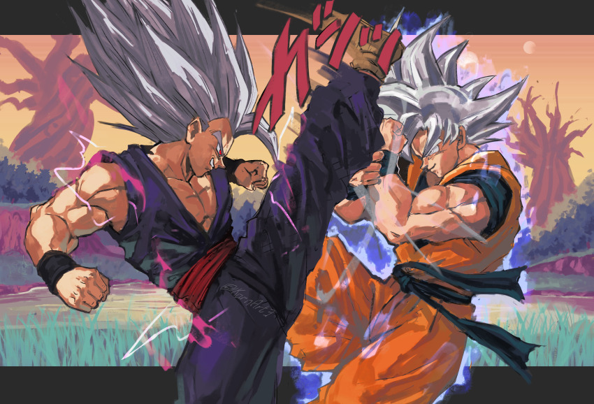 2boys absurdres aura blocking comic_panel_redraw commentary derivative_work dougi dragon_ball dragon_ball_super duel electricity english_commentary father_and_son gohan_beast grass grey_eyes grey_hair highres kicking kornart letterboxed male_focus multiple_boys muscular muscular_male red_hair smile son_gohan son_goku tree ultra_instinct
