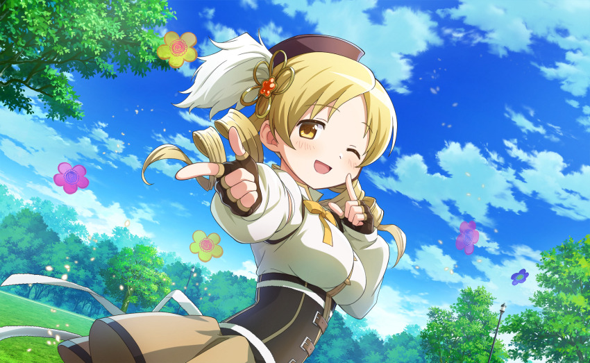 1girl artist_request back_ribbon beret black_corset black_gloves blonde_hair blue_sky bow bowtie brown_hat cloud collared_shirt corset cowboy_shot detached_sleeves dot_nose drill_hair finger_to_cheek fingerless_gloves flower flower_hairpin game_cg gem gem_hair_ornament gloves happy hat hat_feather high_collar highres lamppost light_blush long_hair long_sleeves looking_at_viewer magical_girl mahou_shoujo_madoka_magica mahou_shoujo_madoka_magica_magia_exedra miniskirt official_art one_eye_closed open_mouth orange_gemstone petals pleated_skirt pointing pointing_at_viewer puffy_long_sleeves puffy_short_sleeves puffy_sleeves ribbon shirt short_sleeves skirt sky smile solo standing tareme tomoe_mami tomoe_mami_(magical_girl) tree twin_drills white_ribbon white_shirt white_sleeves yellow_bow yellow_bowtie yellow_eyes yellow_skirt