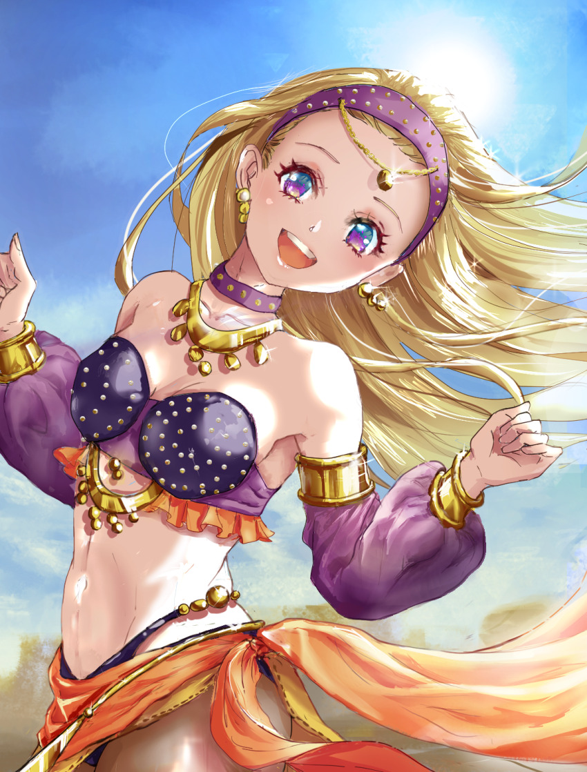 1girl :d aqua_eyes bare_shoulders black_pantyhose blonde_hair blue_sky blurry blurry_background bra breasts choker cleavage clenched_hands collarbone commentary_request cowboy_shot dancer&#039;s_costume_(dq) detached_sleeves dragon_quest dragon_quest_xi earrings floating_clothes floating_hair gold_earrings gold_necklace gold_trim hair_pulled_back hairband head_tilt highres jewelry medium_breasts midriff multicolored_eyes navel necklace official_alternate_costume open_mouth orange_sarong panties pantyhose purple_bra purple_choker purple_eyes purple_hairband purple_panties purple_sleeves sariyu_(user_cjpu8287) sarong senya_(dq11) sideboob sky smile solo strapless strapless_bra studded_bra underwear