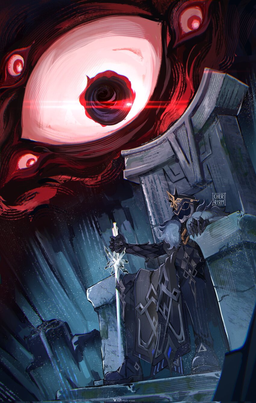 1boy artist_name black_boots black_coat black_hair boots capitano_(genshin_impact) chain clawed_gauntlets coat coat_on_shoulders commentary corrupted_twitter_file english_commentary extra_eyes fur-trimmed_coat fur_trim gauntlets genshin_impact glowing glowing_eyes gold_chain gold_trim helm helmet highres holding holding_sword holding_weapon instagram_logo long_hair male_focus red_eyes ronova_(genshin_impact) ryrmcher sitting sitting_on_throne solo stairs stone_stairs sword throne twitter_x_logo weapon