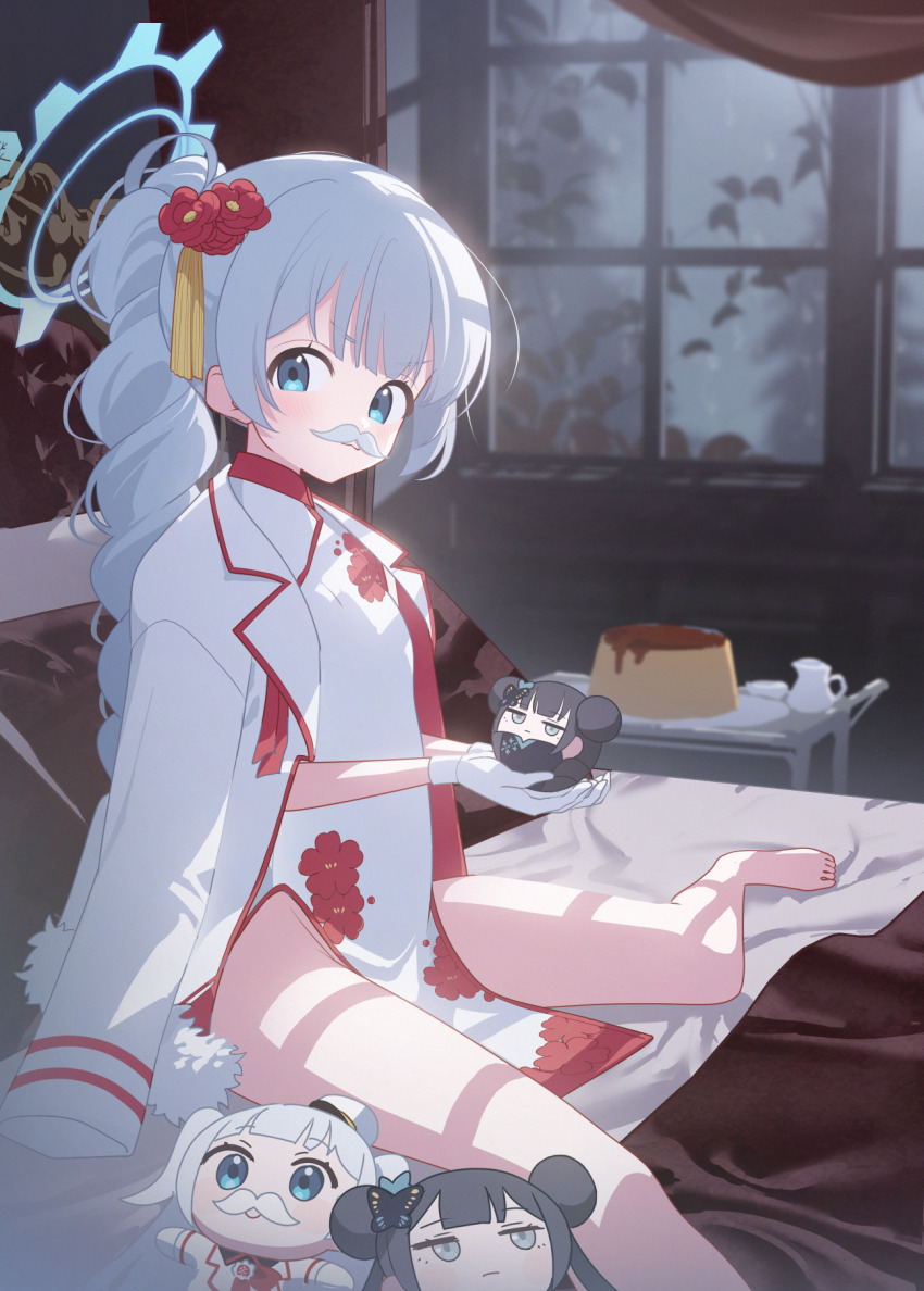 1girl ball bare_legs blue_archive blue_eyes blue_halo breasts cherino_(blue_archive) cherino_(qipao)_(blue_archive) doll halo highres kaerunrun looking_at_viewer ponytail sitting small_breasts solo souvenir_doll_(blue_archive) white_hair window