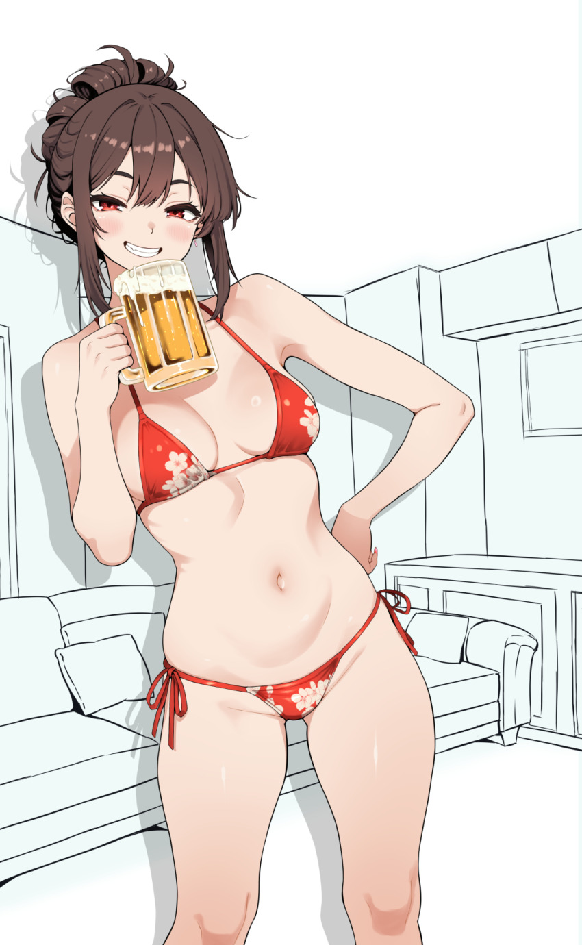 1girl alcohol beer beer_mug bikini breasts brown_eyes commentary_request cup feet_out_of_frame floral_print grin hair_bun hand_in_pocket hand_on_own_hip highres inamochi_keiichirou lineart medium_breasts monochrome_background mug original red_bikini red_eyes side-tie_bikini_bottom sidelocks smile solo swimsuit
