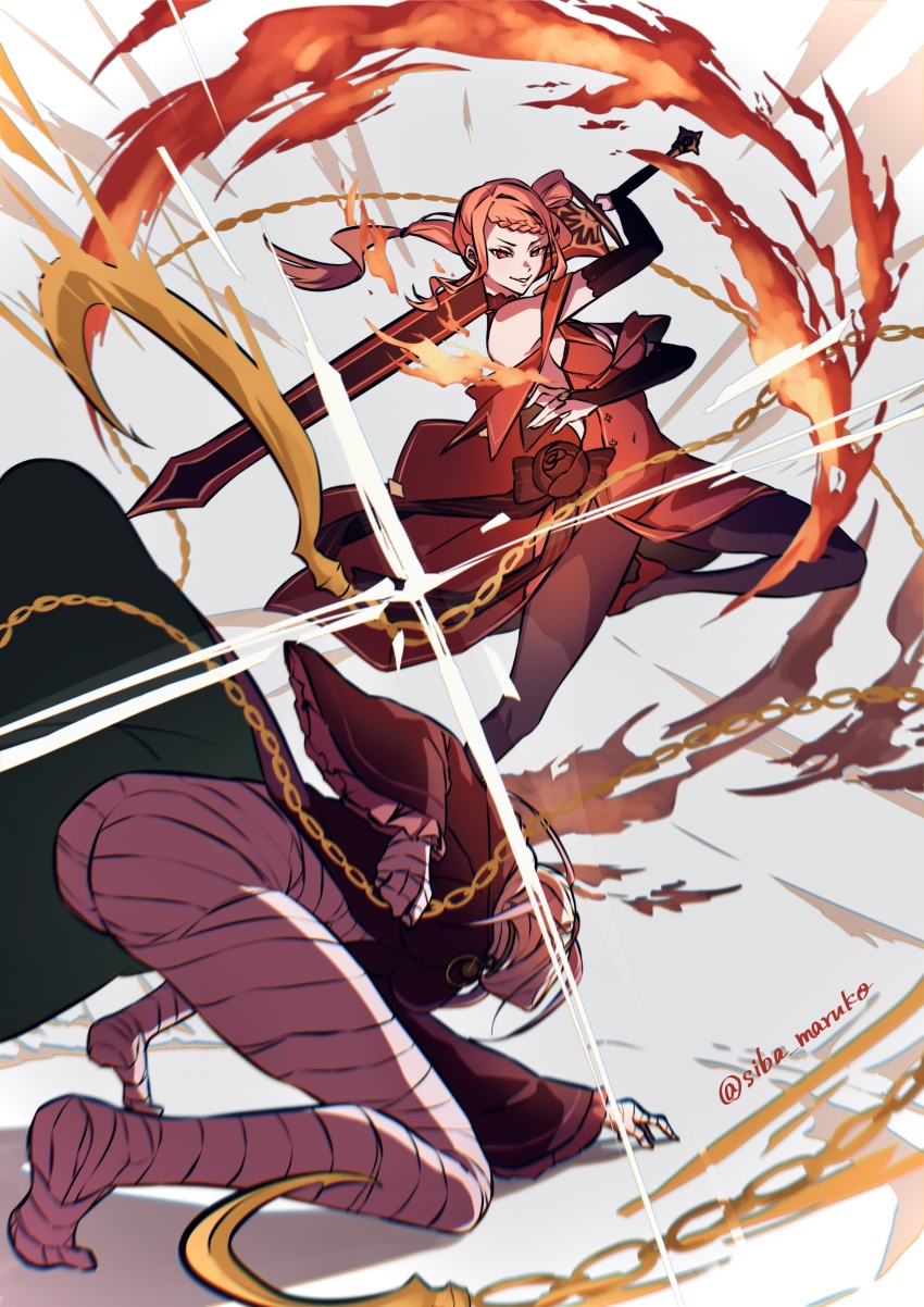 absurdres bandages black_pantyhose chain dress fire highres holding holding_sword holding_weapon looking_at_another orange_hair pantyhose priscilla_barielle re:zero_kara_hajimeru_isekai_seikatsu red_dress red_eyes siba_maruko sirius_(re:zero) sword weapon
