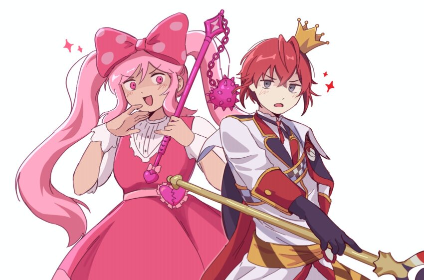 1boy 1girl antenna_hair black_gloves bluejasowo bow dark-skinned_female dark_skin dress gloves grey_eyes hair_bow highres holding holding_flail holding_staff long_hair ojou-sama_pose omori open_mouth pink_bow pink_dress pink_eyes pink_hair polka_dot polka_dot_bow puffy_short_sleeves puffy_sleeves red_hair riddle_rosehearts short_hair short_sleeves simple_background staff sweetheart_(omori) twisted_wonderland white_background