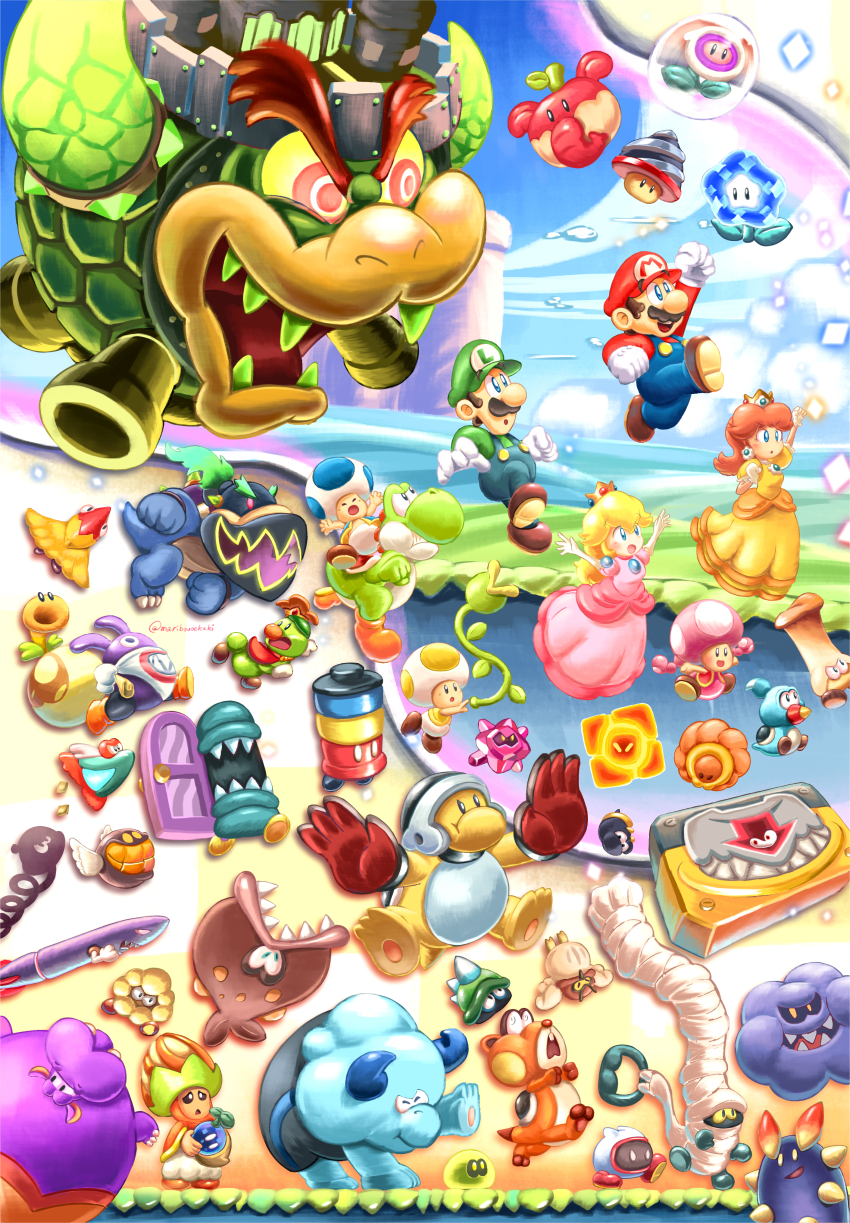 3girls 4boys :d :o absurdres anglefish_(mario) arm_up armad_(mario) arms_up artist_name bandages bandana bird black_headwear blewbird blonde_hair blue_eyes blue_overalls blue_pants blue_sky blue_toad_(mario) blue_vest blush bowser bowser_jr. brothers brown_footwear brown_hair bubble bubble_flower bulrush_(mario) castle_bowser claws clenched_hands clenched_teeth cloud commentary condart crown day door dress drill_mushroom earrings elbow_gloves elephant_fruit english_commentary erin_(mario) facial_hair fish flower flower_earrings gloves gnawsher green_headwear green_shirt grin hair_between_eyes hanabihei hat helmet highres holding holding_sack hoppo_(mario) hoppycat horns hot-hot_rock houhou_(mario) jewelry jumping konk_(mario) long_hair long_sleeves luigi maribou_(supermaribou) mario mario_(series) medium_hair mini_crown missile missile_meg morocon moving_door_(mario) multiple_boys multiple_girls mumsie mustache nabbit nintendo open_mouth orange_dress outmaway_(mario) overalls pants pink_dress poplin_(mario) prince_florian princess_daisy princess_peach puffy_short_sleeves puffy_sleeves raised_eyebrows red_headwear red_shirt riding rrrumba running sack scared sharp_teeth shirt shoes short_hair short_sleeves shova siblings skedaddler sky smackerel smile smogrin solid_oval_eyes spikes sproing_(mario) sugarstar_(mario) super_mario_bros._wonder talking_flower_(mario) teeth toad_(mario) toadette triangle_mouth twitter_username upper_teeth_only v-shaped_eyebrows vest warp_pipe white_bandana white_eyes white_gloves wings wonder_bowser_jr. wonder_flower wonder_seed wubba_(mario) yellow_eyes yellow_toad_(mario) yellow_vest yoshi