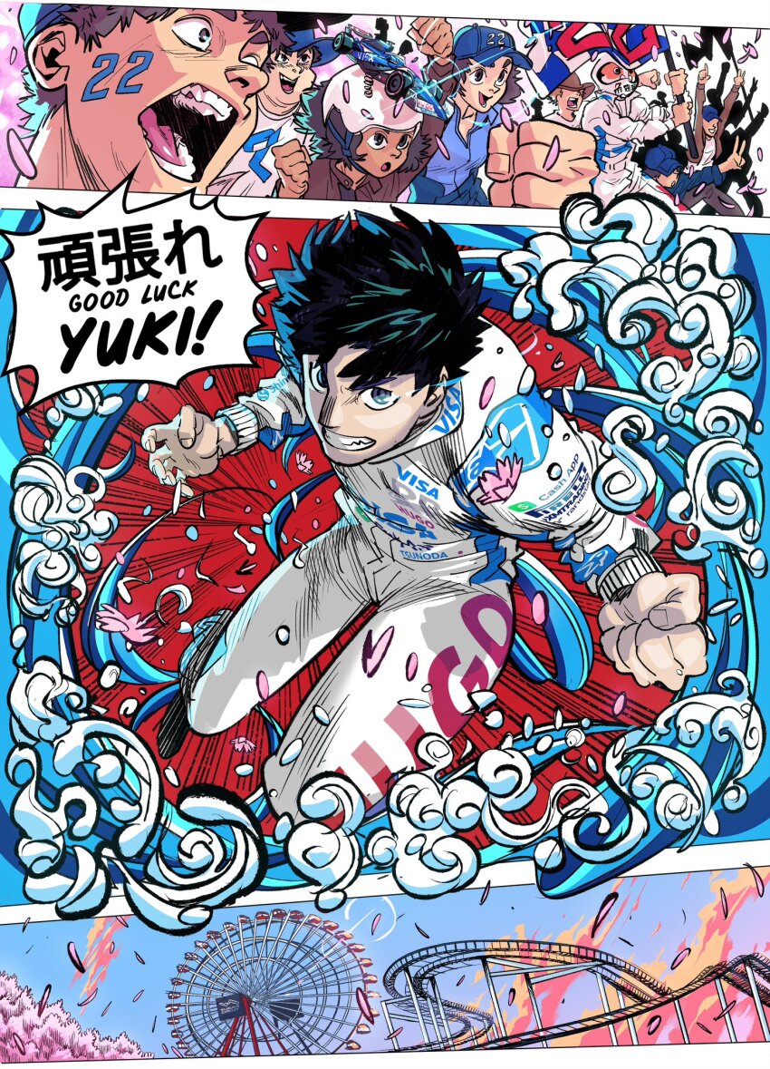 1boy black_eyes black_hair cherry_blossoms clenched_hand clenched_teeth commentary crowd english_commentary eye_trail ferris_wheel formula_one highres hugo_boss_(brand) light_trail long_sleeves looking_at_viewer male_focus official_art petals pink_petals pirelli racing_suit short_hair sponsor suzuka_circuit teeth tsunoda_yuuki_(racecar_driver) visa visa_cashapp_racing_bulls water