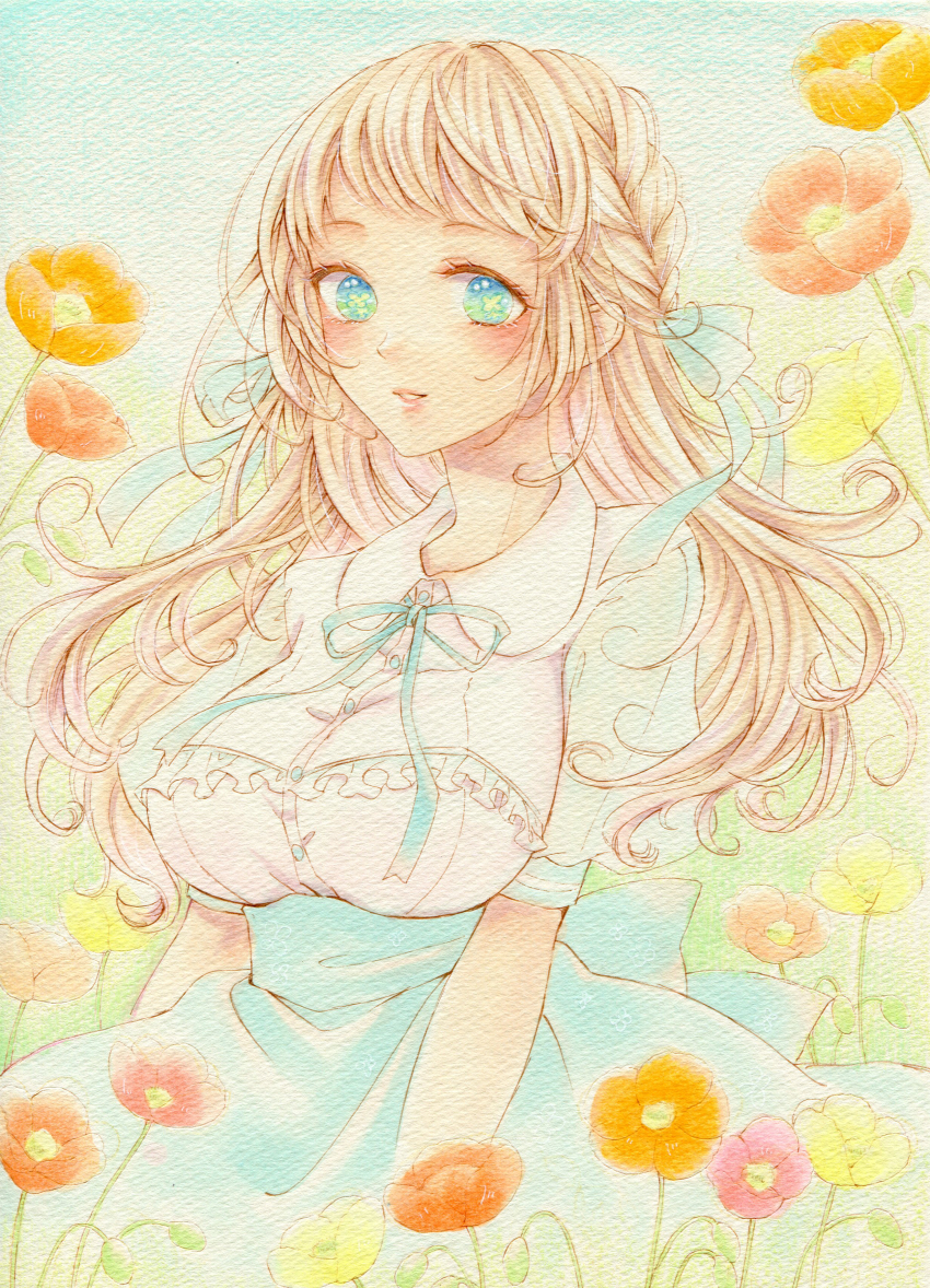 1girl absurdres amu_(m_aa) aqua_eyes aqua_ribbon aqua_skirt blonde_hair braid breasts buttons collared_shirt commentary_request flower frills hair_ribbon highres large_breasts long_hair neck_ribbon orange_flower original painting_(medium) pink_flower red_flower ribbon shirt skirt smile solo traditional_media upper_body watercolor_(medium) white_shirt