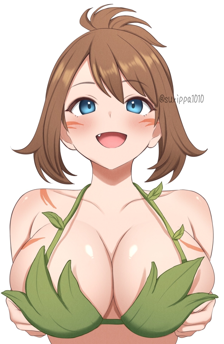 1girl :d blue_eyes breasts brown_hair cleavage commentary_request creatures_(company) fang game_freak highres large_breasts looking_at_viewer may_(pokemon) nintendo open_mouth pokemon pokemon_adventures short_hair simple_background smile solo surippa1010 twitter_username upper_body white_background
