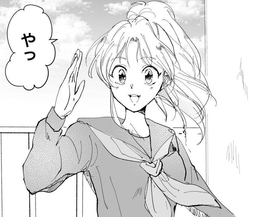 1girl :d botan_(yu_yu_hakusho) cloud greyscale highres long_hair looking_at_viewer monochrome motsutei open_mouth ponytail school_uniform smile solo yuu_yuu_hakusho