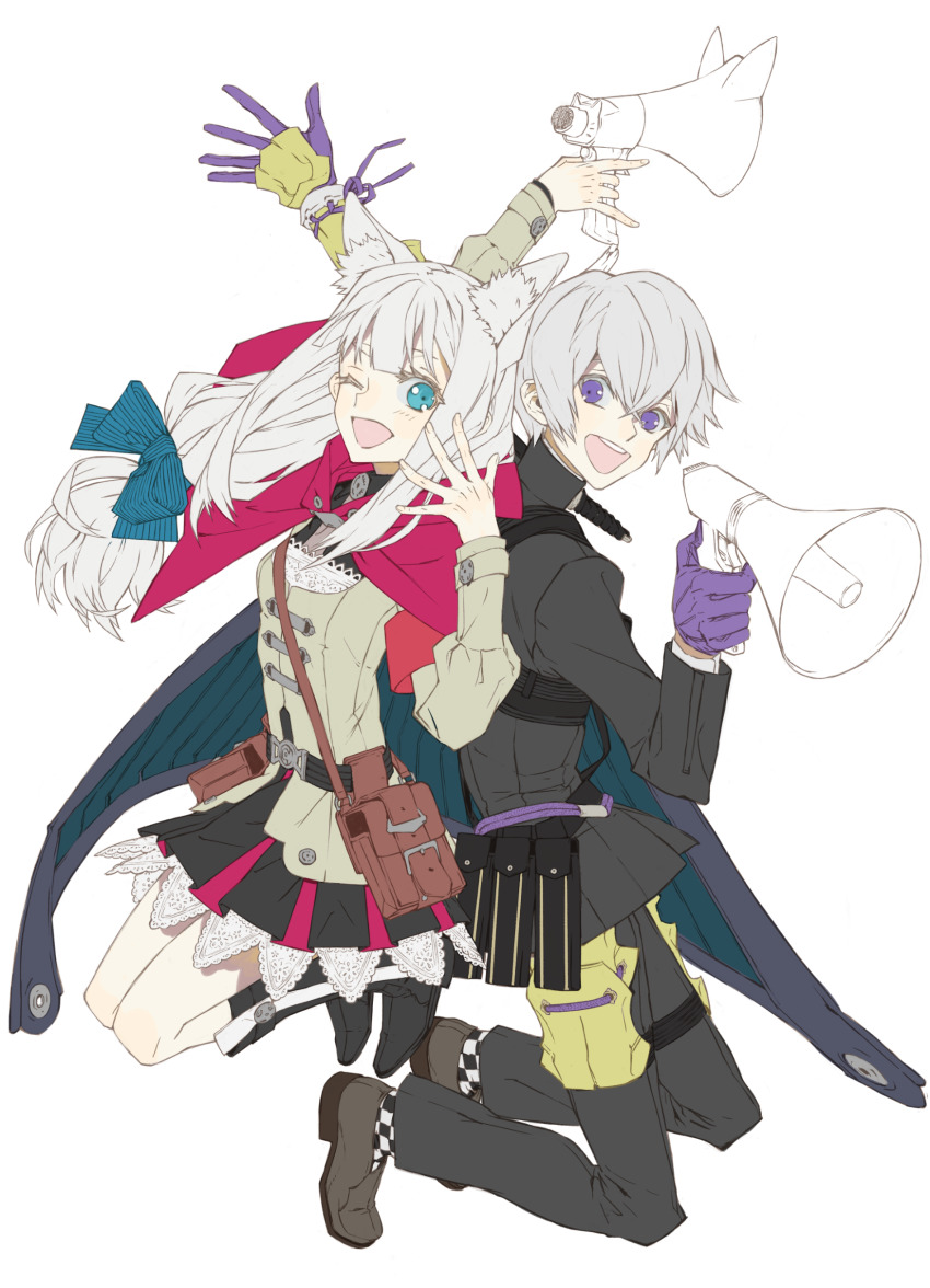 1boy 1girl 7th_dragon_(series) 7th_dragon_2020 7th_dragon_2020-ii ;d absurdres animal_ears back-to-back blue_eyes breasts flat_color gloves grey_hair highres jumping lucier_(7th_dragon) megaphone nishihara_isao one_eye_closed open_mouth purple_eyes samurai_(7th_dragon) samurai_(7th_dragon) single_glove skirt small_breasts smile white_hair