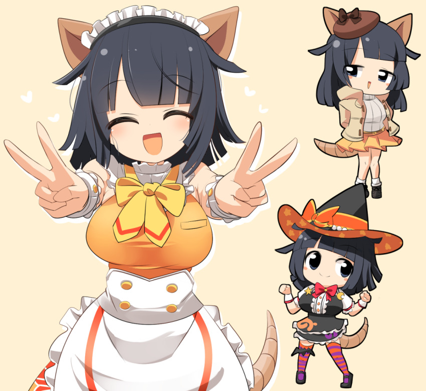1girl alternate_costume apron armadillo_ears armadillo_tail beret black_dress black_eyes black_hair black_hat blunt_bangs blush bow bowtie breasts brown_hat brown_jacket closed_eyes closed_mouth commentary_request cowboy_shot double_v dress full_body giant_armadillo_(kemono_friends) halloween_costume hat heart jacket japari_symbol kemono_friends kemono_friends_3 large_breasts lets0020 looking_at_viewer medium_hair open_clothes open_jacket open_mouth orange_shirt orange_skirt orange_thighhighs paw_pose purple_thighhighs red_bow red_bowtie shirt simple_background skirt smile socks striped_clothes striped_thighhighs sweater thighhighs v waist_apron white_apron white_socks white_sweater witch_hat wrist_cuffs yellow_background yellow_bow yellow_bowtie