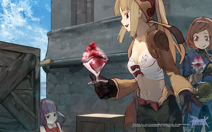 3girls archer_(ragnarok_online) black_eyes black_gloves black_shorts black_skirt blonde_hair blue_shirt blue_sky bow bow_bra bra breasts brown_bandana brown_eyes brown_gloves brown_hair brown_jacket cleavage closed_mouth cloud copyright_notice cowboy_shot eating food gloves grey_hair grey_hairband guest_art hairband high_ponytail highres holding holding_spoon jacket logo long_hair long_sleeves marionette_(ragnarok_online) multiple_girls muneate official_art official_wallpaper open_mouth outdoors ponytail ragnarok_online red_bow salada shaved_ice shirt short_hair short_sleeves shorts shrug_(clothing) sidelocks skirt sky small_breasts smile spoon swept_bangs thief_(ragnarok_online) underwear white_bra wooden_box