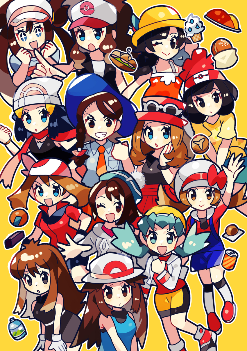 6+girls anidler91 arm_up bandana beanie bike_shorts black_dress black_hair black_vest blue_eyes blue_hair blue_overalls blue_tank_top bottle bracelet braid breast_pocket brown_eyes brown_hair cable_knit camisole can cardigan casteliacone clenched_hand collared_shirt commentary_request cowlick cropped_jacket curry dawn_(pokemon) dress dual_persona everyone eyewear_on_head food galette_(food) gloria_(pokemon) gloves green_(pokemon) grey_cardigan grin hair_ornament hairclip hand_on_own_chest hat highres hilda_(pokemon) ice_cream ice_cream_cone jacket jewelry juliana_(pokemon) kris_(pokemon) lava_cookie leaf_(pokemon) long_hair long_sleeves looking_at_viewer lumiose_galette lyra_(pokemon) malasada may_(pokemon) multiple_girls naranja_academy_school_uniform necktie nintendo no_sclera old_gateau one_eye_closed open_mouth orange_camisole orange_necktie outline outstretched_hand overalls pocket poke_ball_hair_ornament poke_ball_print pokemon pokemon_bw pokemon_bw2 pokemon_dppt pokemon_gsc pokemon_hgss pokemon_rgby pokemon_rgby_(prototype) pokemon_rse pokemon_sm pokemon_sv pokemon_swsh pokemon_usum pokemon_xy porkpie_hat red_footwear red_hat red_shirt red_skirt rosa_(pokemon) sandwich scarf school_uniform selene_(pokemon) serena_(pokemon) shirt short_dress short_hair short_sleeves shorts side_braid single_braid skirt sleeveless sleeveless_dress smile straw_hat submarine_sandwich sunglasses tam_o&#039;_shanter tank_top twintails vest visor_cap water_bottle waving white-framed_eyewear white_gloves white_hat white_jacket white_outline white_shirt white_tank_top yellow_background yellow_hat yellow_shirt yellow_shorts