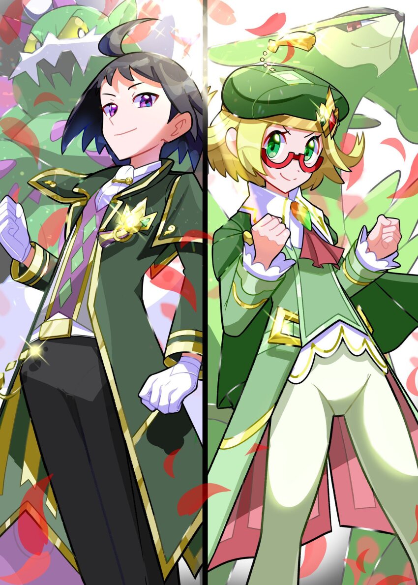 1boy 1girl ahoge bianca_(champion)_(pokemon) bianca_(pokemon) black_hair blonde_hair cape cheren_(champion)_(pokemon) cheren_(pokemon) clenched_hands gen_5_pokemon glasses gloves green_cape green_eyes green_hat hat highres legendary_pokemon looking_at_viewer monaka_mom nintendo petals pokemon pokemon_(creature) pokemon_masters_ex red-framed_eyewear short_hair smile sparkle tornadus tornadus_(incarnate) virizion white_gloves