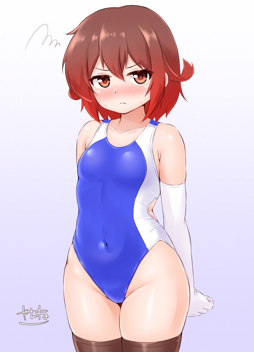 1girl alternate_costume blue_one-piece_swimsuit blush breasts brown_hair brown_thighhighs commentary_request competition_swimsuit covered_navel elbow_gloves gloves gradient_hair highleg highleg_one-piece_swimsuit highres kantai_collection multicolored_hair mutsuki_(kancolle) nose_blush one-piece_swimsuit red_eyes red_hair short_hair small_breasts solo swimsuit thighhighs two-tone_one-piece_swimsuit white_gloves white_one-piece_swimsuit zanne