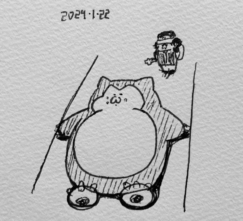 2024 :3 ^_^ chibi closed_eyes dated gen_1_pokemon highres koutarosu looking_at_another lying monochrome nintendo parody poke_flute pokemon pokemon_(creature) pokemon_frlg red_(pokemon) rock size_difference snorlax standing style_parody traditional_media white_background