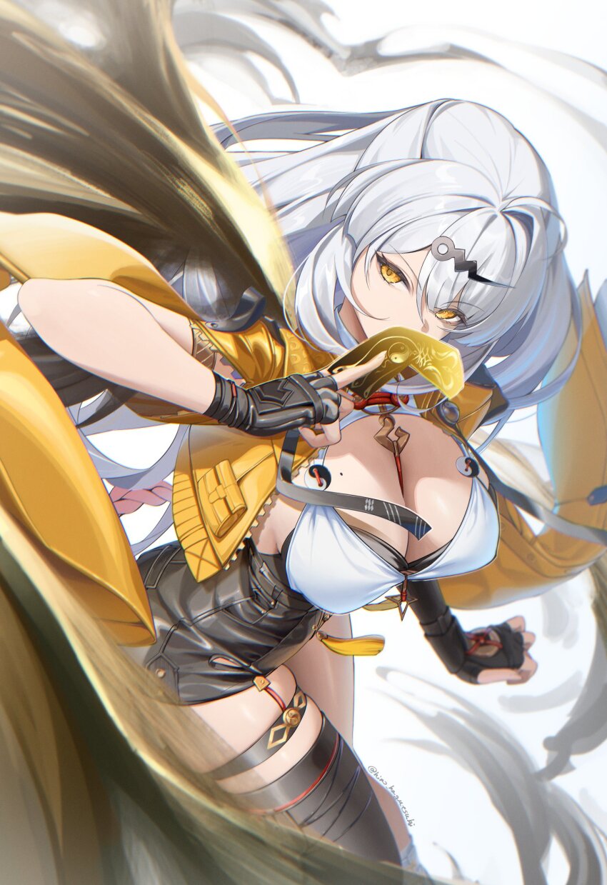1girl black_gloves black_shorts breasts cleavage commentary_request fingerless_gloves gloves hair_ornament hairclip high-waist_shorts highres hino_kagutsuki holding_ofuda jacket large_breasts long_hair looking_to_the_side mole mole_on_breast shorts single_thighhigh solo thighhighs white_background white_hair yellow_eyes yellow_jacket yin_yang_pin yixuan_(zenless_zone_zero) zenless_zone_zero