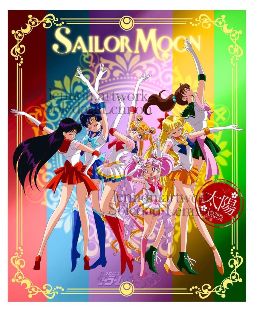 6+girls aino_minako arms_up bishoujo_senshi_sailor_moon blue_footwear blue_sailor_collar boots bow brooch chibi_usa closed_eyes cone_hair_bun crossed_arms elbow_gloves female_focus full_body gloves green_footwear hair_bun heart heart_brooch high_heels highres hino_rei inner_senshi jewelry kino_makoto knee_boots long_hair mizuno_ami multicolored_background multicolored_skirt multiple_girls orange_footwear outstretched_arm pink_footwear red_bow red_footwear sailor_chibi_moon sailor_collar sailor_jupiter sailor_mars sailor_mercury sailor_moon sailor_senshi sailor_venus shoes short_hair skirt sol_lennon standing standing_on_one_leg super_sailor_chibi_moon super_sailor_jupiter super_sailor_mars super_sailor_mercury super_sailor_moon super_sailor_venus tsukino_usagi very_long_hair white_gloves