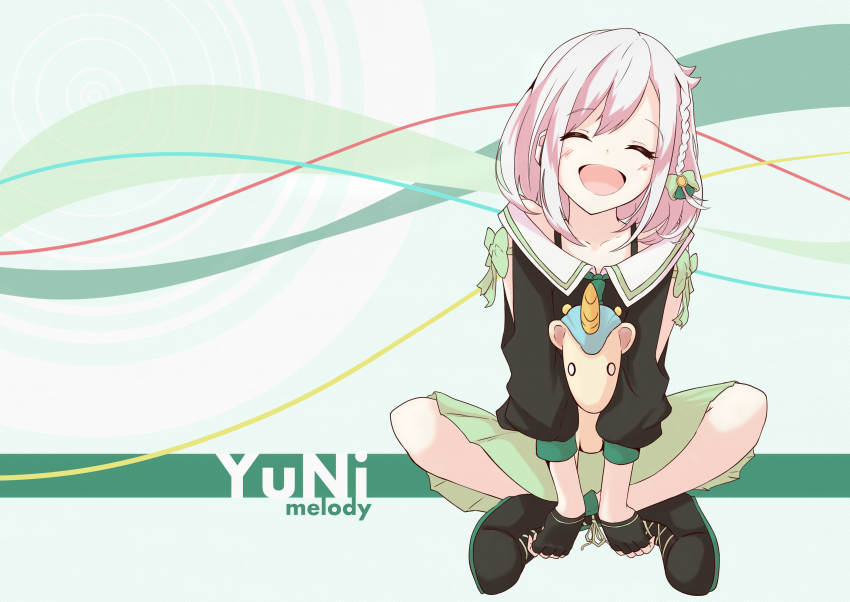 1girl absurdres black_boots boots bow bra_strap braid character_name closed_eyes fingerless_gloves full_body gloves hair_bow highres hilamaru indian_style open_mouth pleated_skirt sitting skirt smile solo stuffed_unicorn virtual_youtuber white_hair yuni_(yuni_channel) yuni_channel