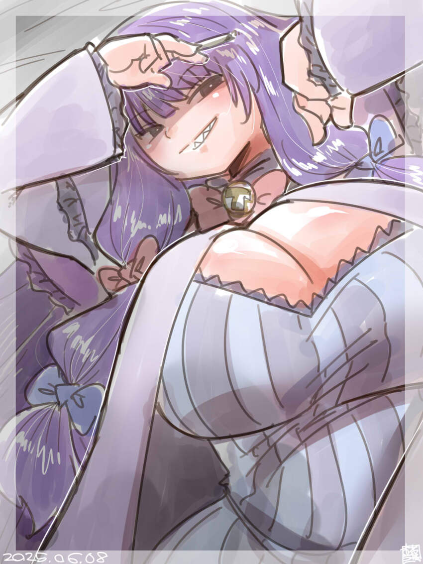 1girl alternate_breast_size arms_up black_eyes blue_bow blunt_bangs blush bow breasts cigarette cleavage commentary_request cookie_(touhou) dress grey_dress grin hair_bow highres holding holding_cigarette huge_breasts itini-sanshi long_hair looking_at_viewer multiple_hair_bows patchouli_knowledge purple_hair red_bow shaded_face sharp_teeth smile solo striped_clothes striped_dress taisa_(cookie) teeth touhou upper_body vertical-striped_clothes vertical-striped_dress very_long_hair