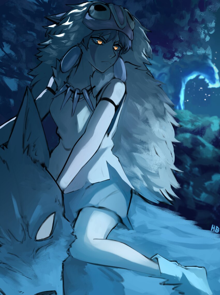 1girl absurdres blank_eyes breasts cape cloud cloudy_sky commentary earrings english_commentary facepaint frown fur_cape glowing glowing_eyes heartbreak_juan highres jewelry medium_breasts miniskirt mononoke_hime moro_no_ichizoku necklace night pelt san_(mononoke_hime) serious signature skirt sky tooth_necklace wolf