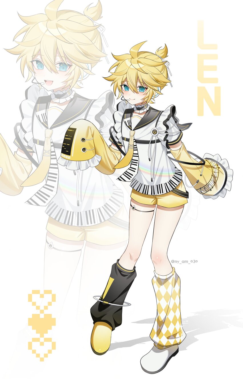 1boy absurdres asymmetrical_footwear asymmetrical_legwear black_choker black_sailor_collar blonde_hair blue_eyes blush choker closed_mouth commentary_request detached_sleeves frilled_choker frilled_sleeves frills full_body hair_between_eyes hand_up headset heart highres kagamine_len korean_commentary leg_warmers looking_at_viewer male_focus mismatched_footwear mismatched_legwear multiple_views necktie nyamnyam_(ny_am_030) open_mouth sailor_collar shirt shoes short_hair short_sleeves shorts simple_background sleeves_past_fingers sleeves_past_wrists standing twitter_username vocaloid white_background white_shirt white_shoes yellow_necktie yellow_shoes yellow_shorts zoom_layer