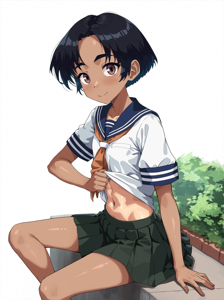 1girl abs arm_support bench black_hair blue_sailor_collar blush commentary dark-skinned_female dark_skin green_skirt highres lifting_own_clothes looking_at_viewer navel necktie onimushi_hyogo orange_necktie original planter pleated_skirt sailor_collar school_uniform shirt short_hair short_sleeves simple_background sitting skirt sleeve_cuffs smile solo symbol-only_commentary thick_eyebrows thighs toned toned_female white_background white_shirt