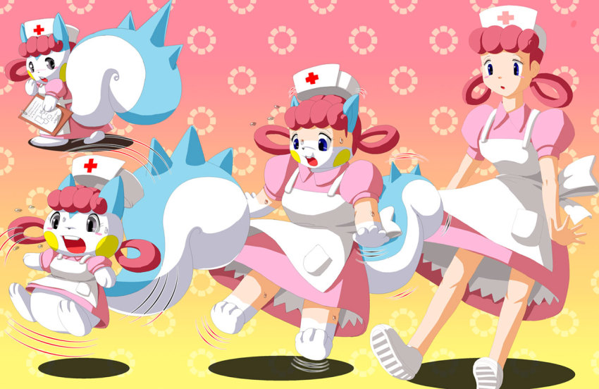 apron blue_eyes blush dress edmol gen_4_pokemon hat joy_(pokemon) nintendo nurse pachirisu pink_dress pink_hair pokemon pokemon_(creature) transformation