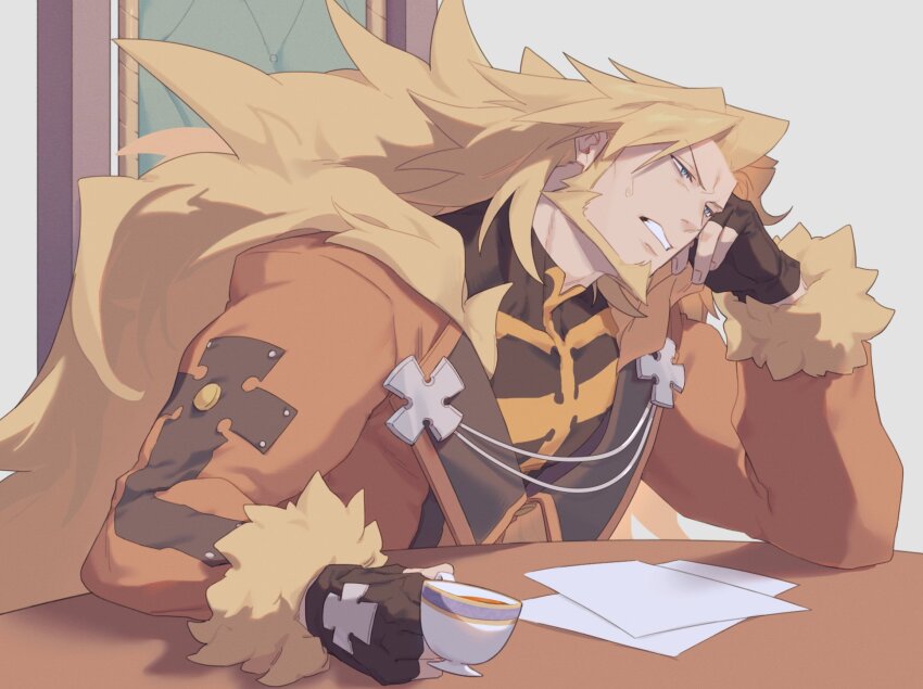 1boy absurdly_long_hair beard black_gloves blonde_hair blue_eyes clenched_teeth coat commentary_request cup desk elbow_rest facial_hair fingerless_gloves fur-trimmed_sleeves fur_trim gloves guilty_gear guilty_gear_xrd hannim_7h head_rest highres holding holding_cup korean_commentary lapels leo_whitefang long_hair long_sleeves looking_ahead male_focus multicolored_shirt orange_coat papers shirt sitting solo teacup teeth very_long_hair