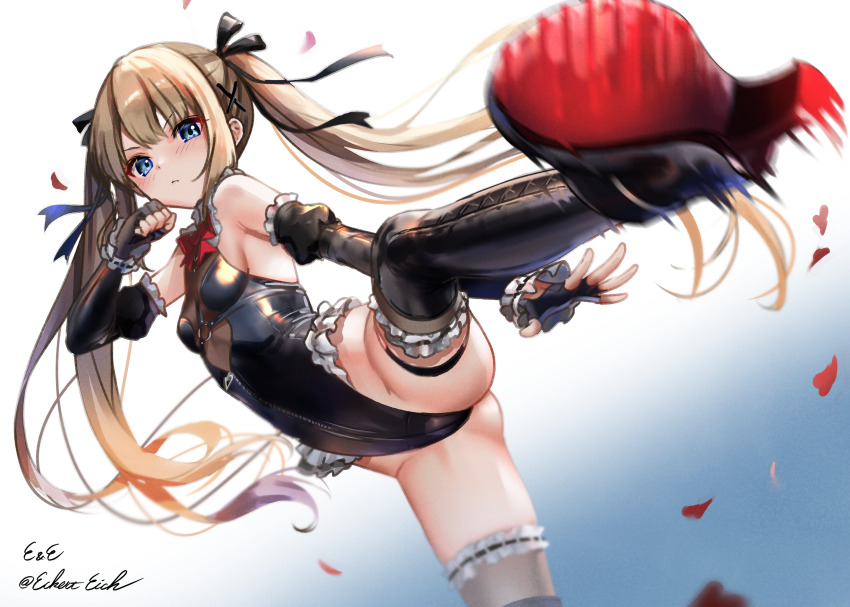 1girl absurdres arm_behind_back ass balancing bare_shoulders black_gloves black_leotard black_ribbon blonde_hair blue_eyes blush boots breasts dead_or_alive dead_or_alive_xtreme detached_sleeves eckert&amp;eich elbow_gloves fighting_stance fingerless_gloves frilled_leotard frills front_zipper frown gloves hair_between_eyes hair_ornament hair_ribbon hand_up high_heel_boots high_heels highres kicking leaning_to_the_side leather leather_boots leather_leotard leg_up leotard long_hair marie_rose o-ring o-ring_leotard ribbon serious small_breasts solo standing standing_on_one_leg thigh_boots thighs twintails very_long_hair x_hair_ornament