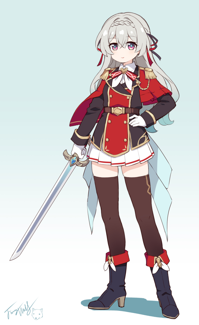1girl absurdres black_boots black_jacket blue_background boots braid brown_thighhighs closed_mouth colored_shadow epaulettes firefly_(honkai:_star_rail) full_body gloves gradient_background grey_hair hair_between_eyes hair_intakes hand_on_own_hip high_heel_boots high_heels highres holding holding_sword holding_weapon honkai:_star_rail honkai_(series) jacket langbazi long_sleeves pleated_skirt red_eyes shadow signature skirt sleeves_past_wrists smile solo standing sword thighhighs thighhighs_under_boots weapon white_background white_gloves white_skirt