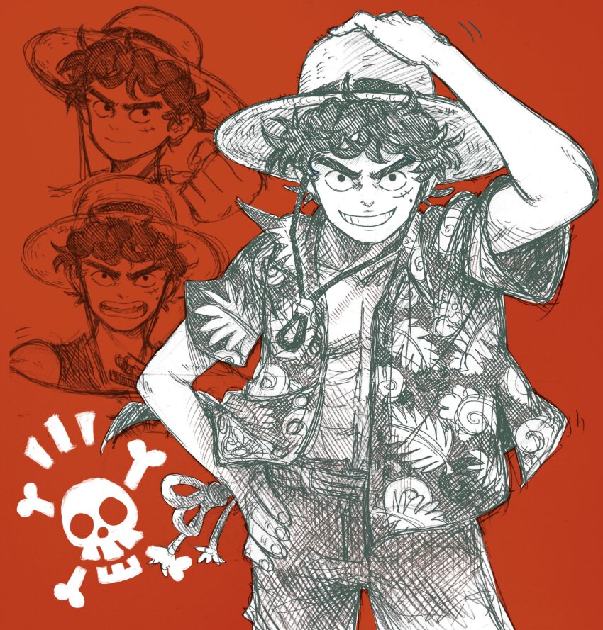 1boy abs aten_man curly_hair facial_scar greyscale grin hand_on_headwear hand_on_own_head hand_on_own_hip hat highres jolly_roger looking_at_viewer male_focus monkey_d._luffy monochrome multiple_views one_piece one_piece_(live_action) open_clothes open_mouth open_shirt print_shirt red_background scar scar_on_cheek scar_on_face shirt short_hair shorts skull_and_crossbones smile solo_focus straw_hat thick_eyebrows v-shaped_eyebrows