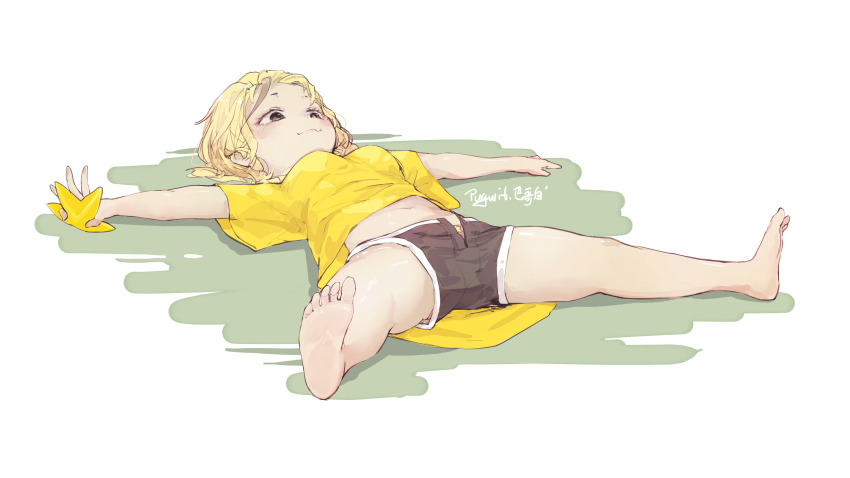 1girl absurdres artist_name barefoot black_shorts blonde_hair brown_eyes closed_mouth commentary food fruit full_body highres holding holding_food holding_fruit lying navel on_back open_clothes open_fly open_shorts original outstretched_arms personification plants_vs._zombies pugwit shirt short_hair shorts soles solo spread_legs starfruit starfruit_(plants_vs_zombies) t-shirt yellow_shirt