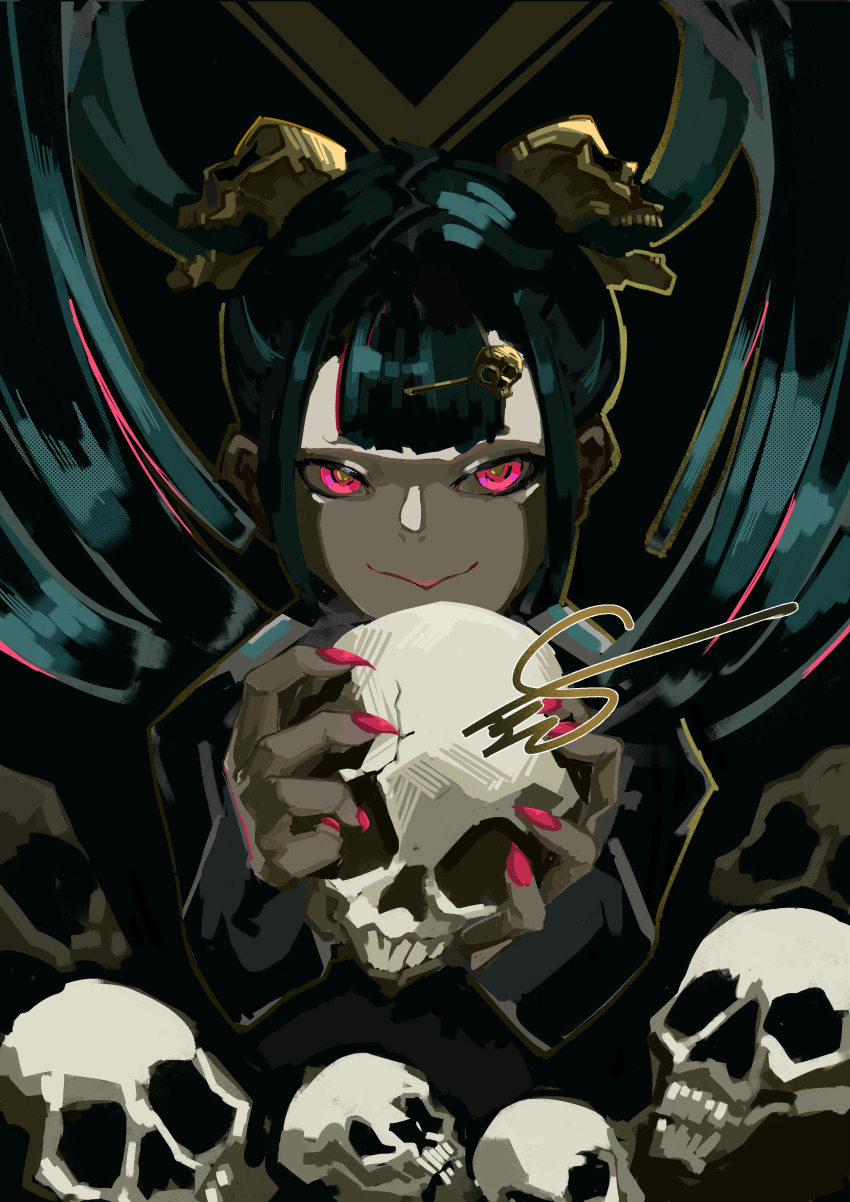 1girl absurdres black_background fingernails green_hair hair_ornament hairclip highres holding holding_skull long_fingernails original owlwy_(owl_roi) pile_of_skulls pink_eyes pink_nails skull skull_hair_ornament smile twintails