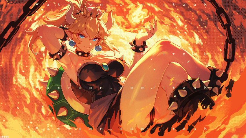 1girl absurdres arm_behind_back armpits black_collar black_dress blonde_hair blue_eyes bowsette breasts collar crossed_legs dress fire highres horns itzah large_breasts long_hair looking_at_viewer mario_(series) new_super_mario_bros._u_deluxe nintendo pixel_art pointy_ears ponytail smile solo spiked_collar spikes super_crown