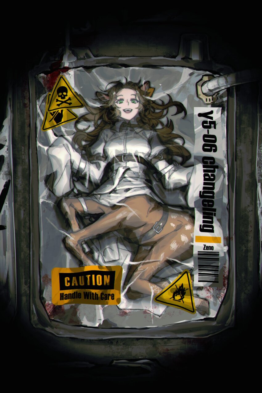 1girl animal_ears barcode brown_hair buckle caution centauroid collared_jacket deer_ears deer_girl ear_tag english_text fangs green_eyes gyeol_124 highres in_container jacket jessica_(reverse:1999) long_hair long_sleeves looking_at_viewer lying on_back open_mouth package reverse:1999 skull_and_crossbones solo straitjacket taur teeth upper_teeth_only white_jacket