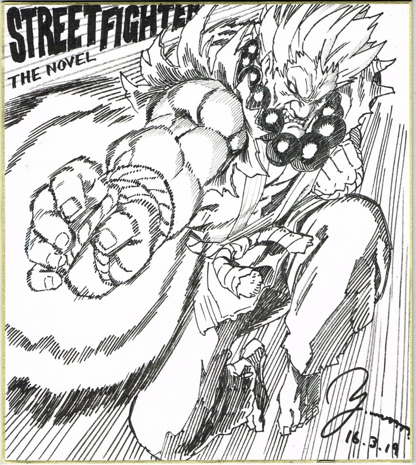1boy absurdres akuma_(street_fighter) barefoot beads blank_eyes clenched_hand clenched_teeth copyright_name dated fingernails greyscale highres jewelry jumping male_focus monochrome motion_lines murata_yuusuke muscular necklace palm_strike prayer_beads sash scan signature solo speed_lines street_fighter street_fighter_the_novel teeth toenails traditional_media